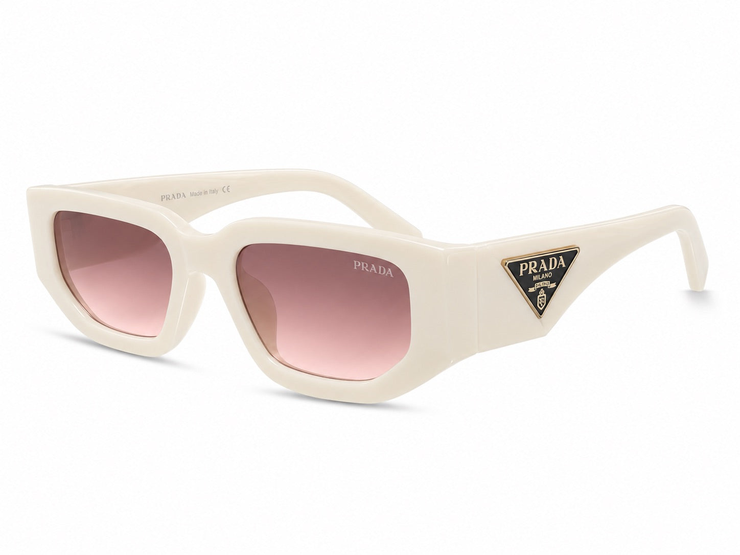 Prada Triangle Logo Rectangle Sunglasses - Ivory / Pink