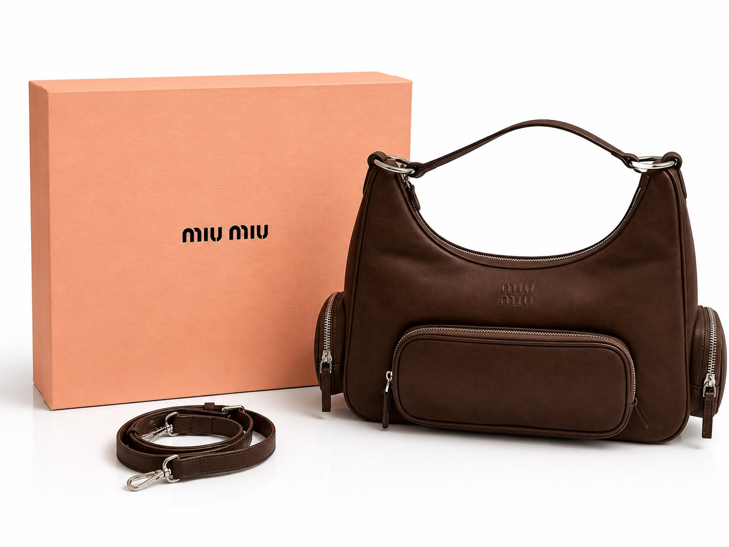 Miu Miu Pocket Leather Hobo Bag - Dark Brown