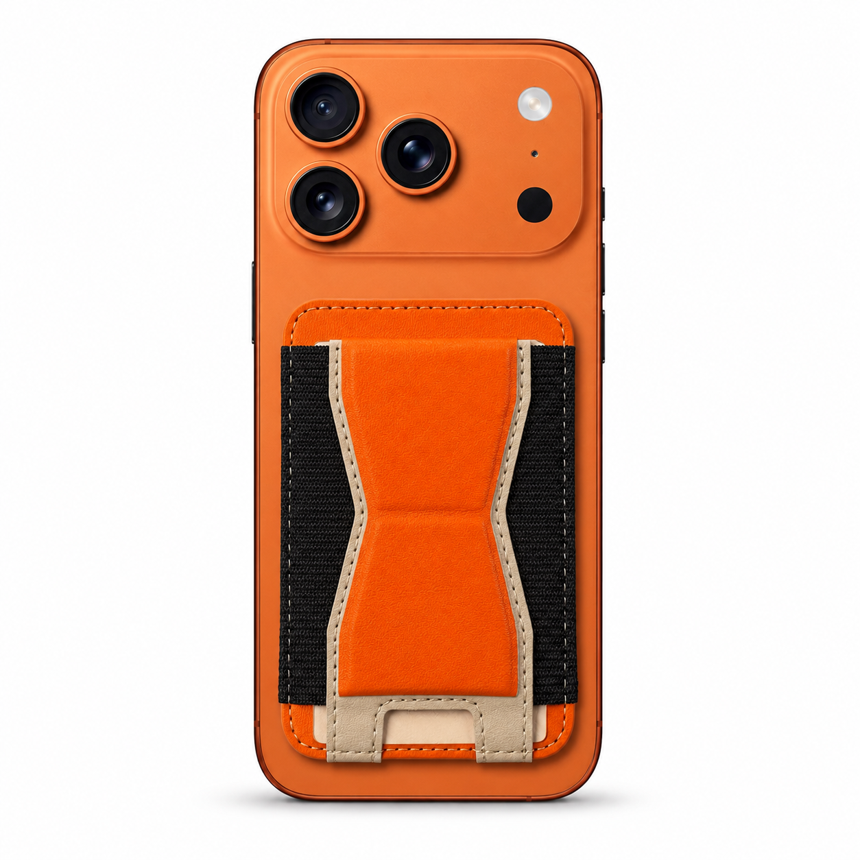 Magnetic Leather Phone Card Holder With Grip - Orange / Black