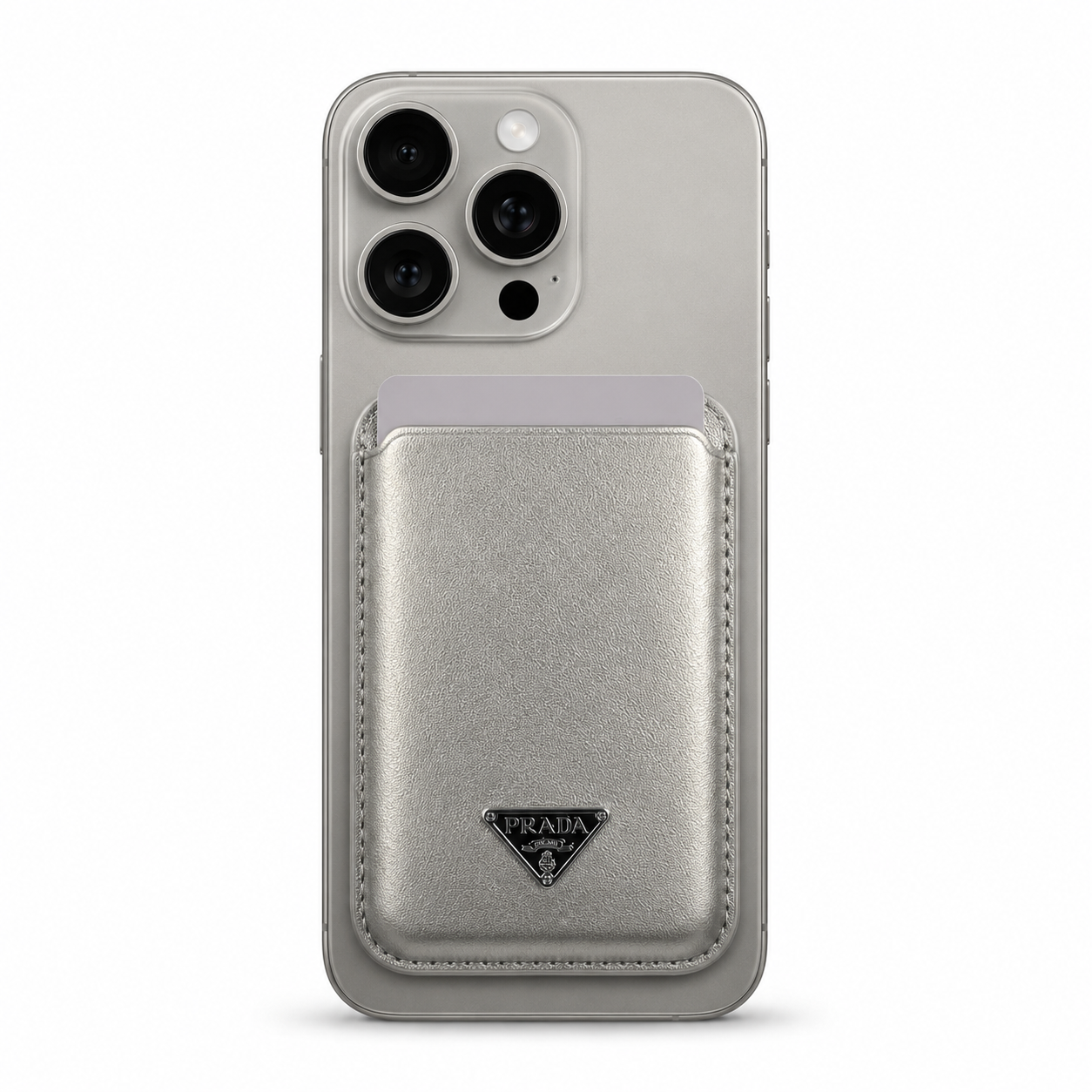 Prada Triangle Logo Metallic Leather Phone Card Holder - Silver