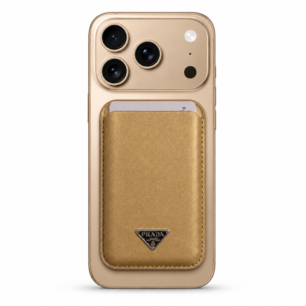 Prada Triangle Logo Metallic Leather Phone Card Holder - Gold