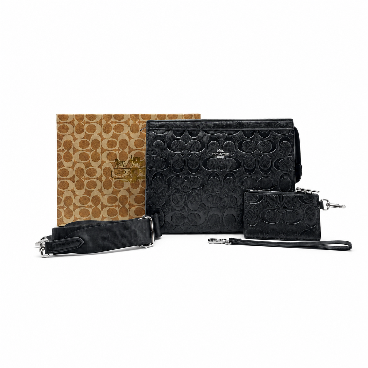 Coach Boxed Anna Foldover Clutch Crossbody And Card Case Set In Signature Leather - Black