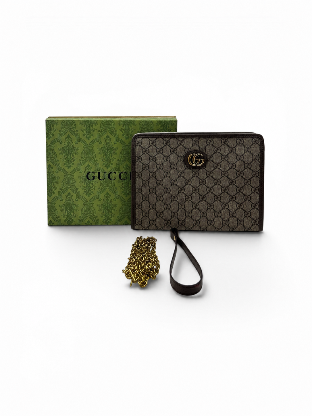 Gucci GG Supreme Clutch With Chain & Wrist Strap
