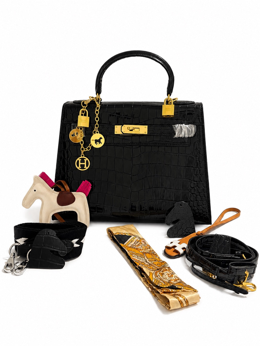 Hermès Kelly Sellier Bag Black Shiny Crocodile-Effect