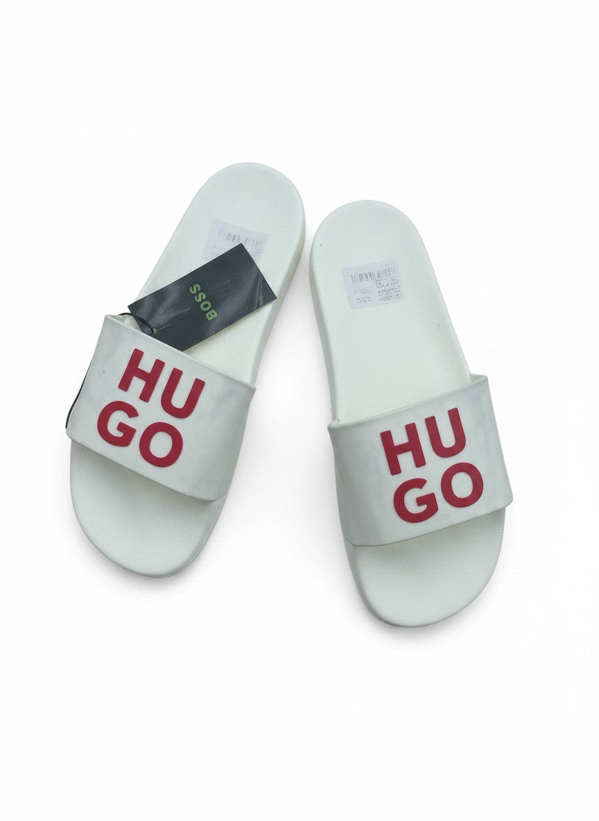 HUGO White Slide Slippers With Red Logo