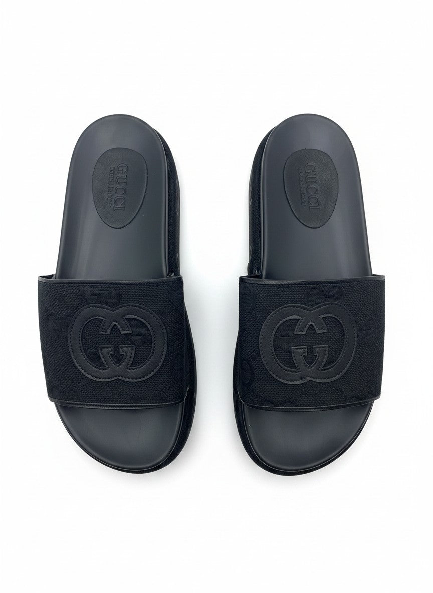 Gucci Style All Black Platform Slide Slippers With Tonal Logo