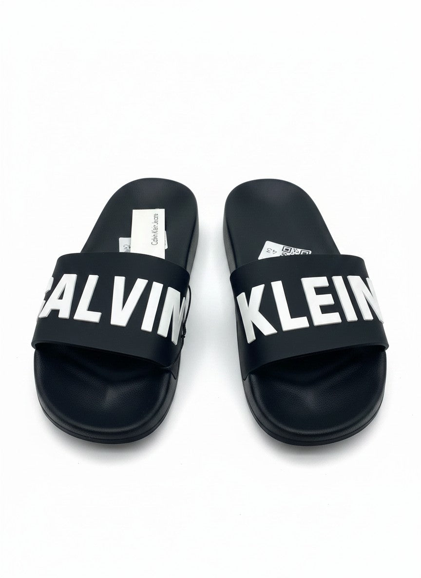 Calvin Klein Black Slide Slippers With White Logo