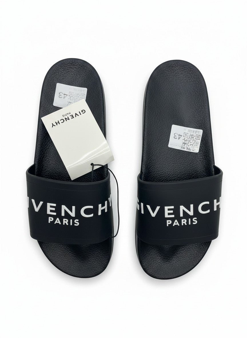 Givenchy Paris Black Slide Slippers With White Logo