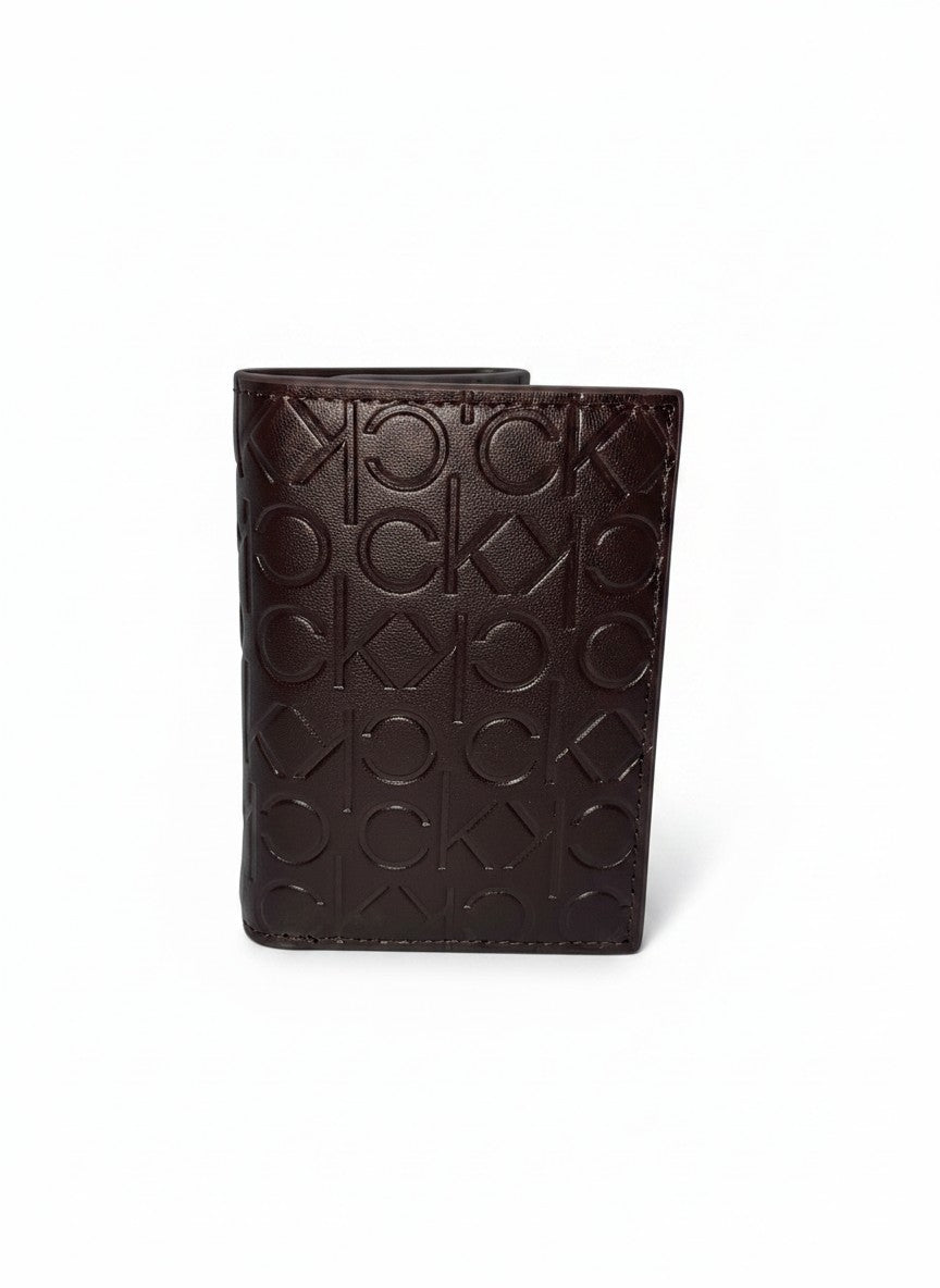 Calvin Klein Brown Trifold Wallet With Embossed CK Logo Pattern