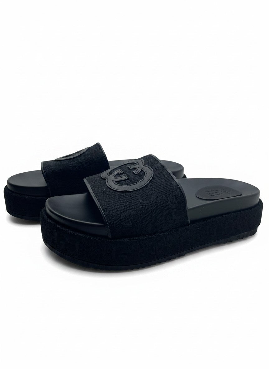 Gucci Style All Black Platform Slide Slippers With Tonal Logo