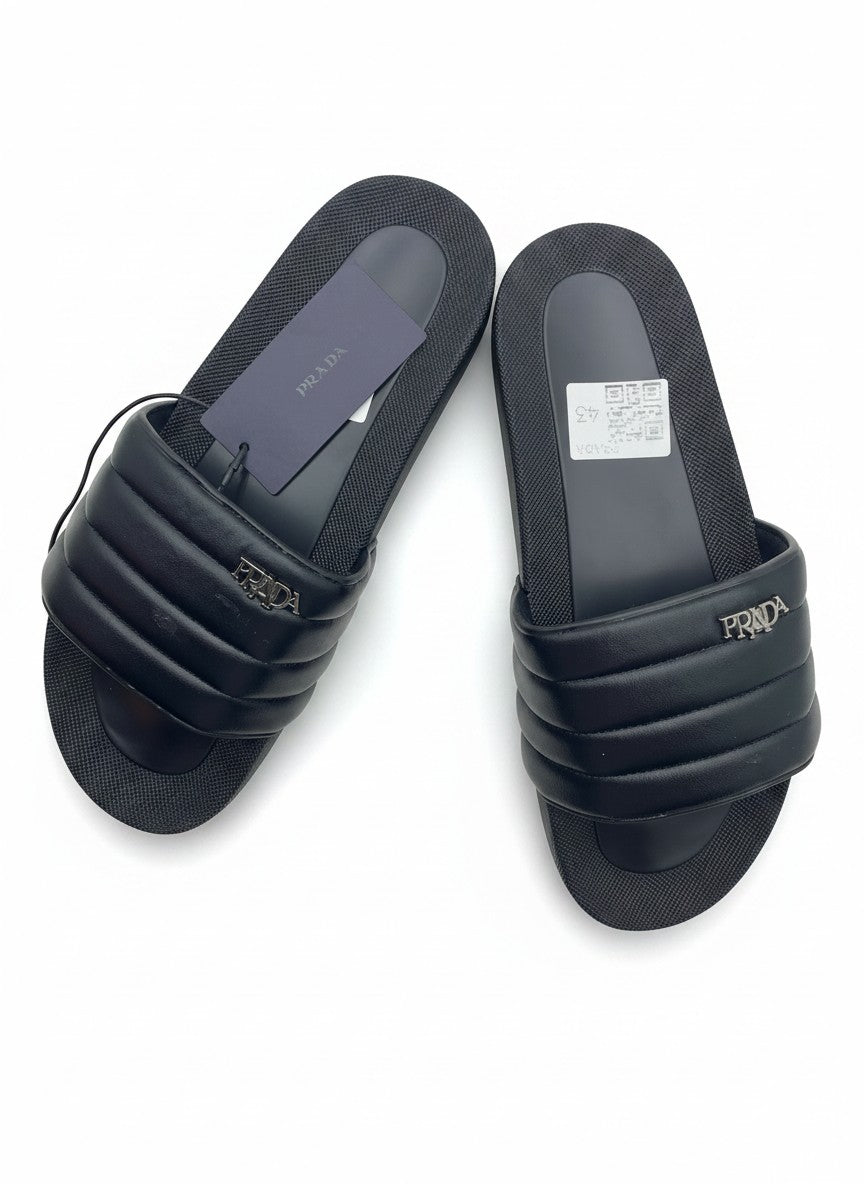 Prada Black Padded Slide Slippers With Silver Logo