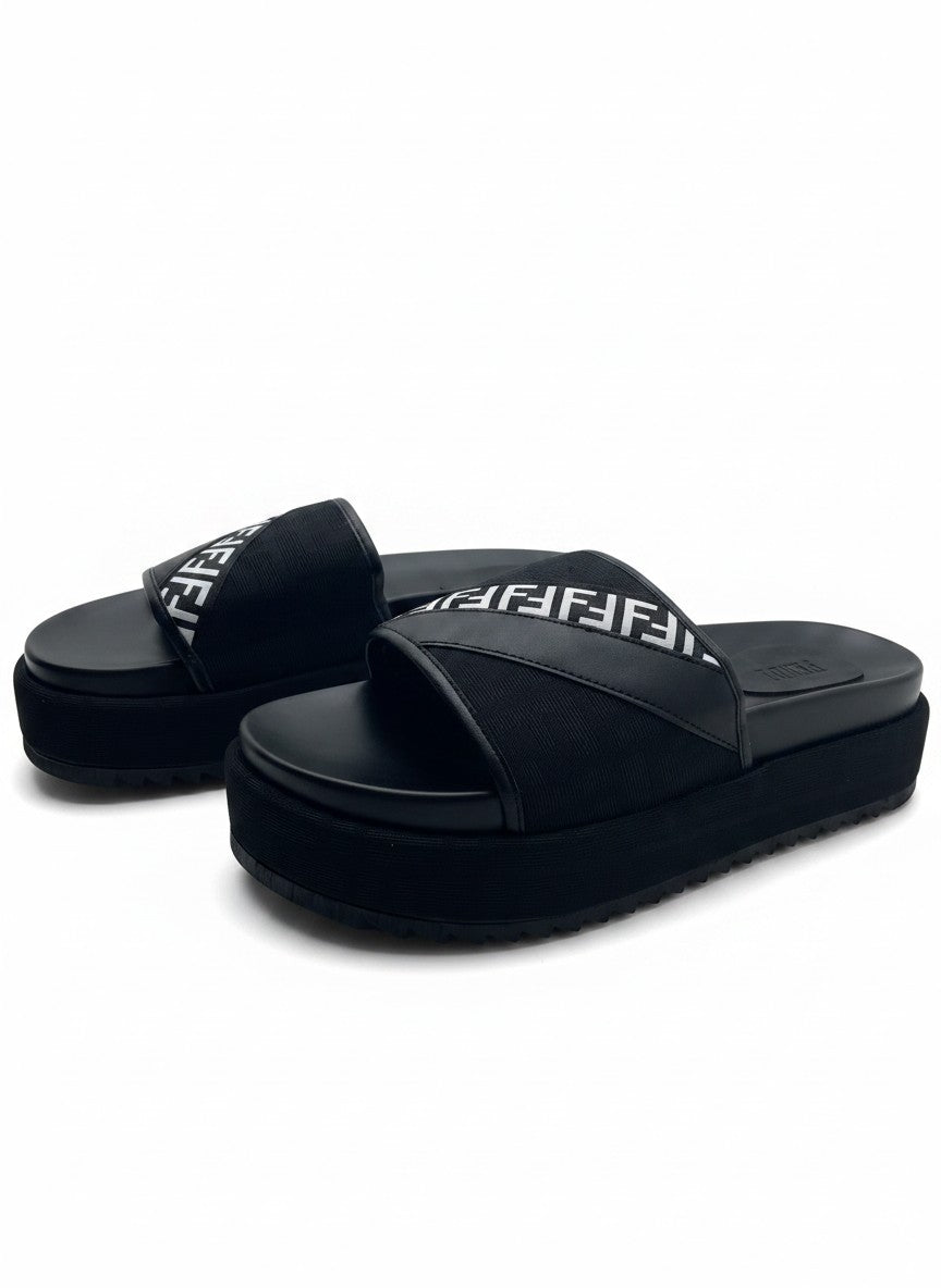Fendi Style Black Platform Slide Slippers With Diagonal Logo Strap