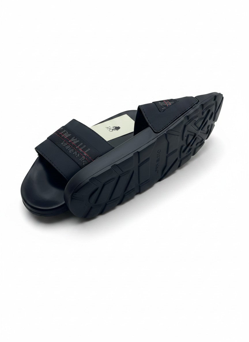 Off-White Style Black Slide Slippers With Patterned Logo Strap