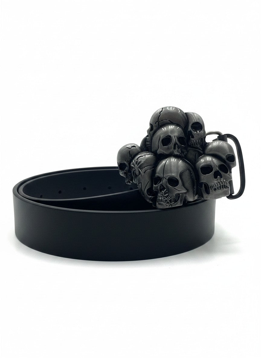 Black Leather Belt With Multi Skull Metal Buckle - 120 cm