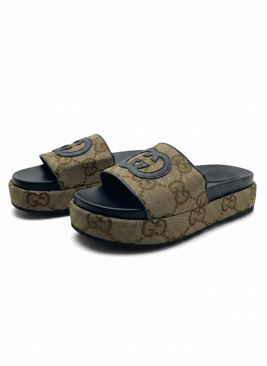 Gucci Style Beige Platform Slide Slippers With Monogram Strap