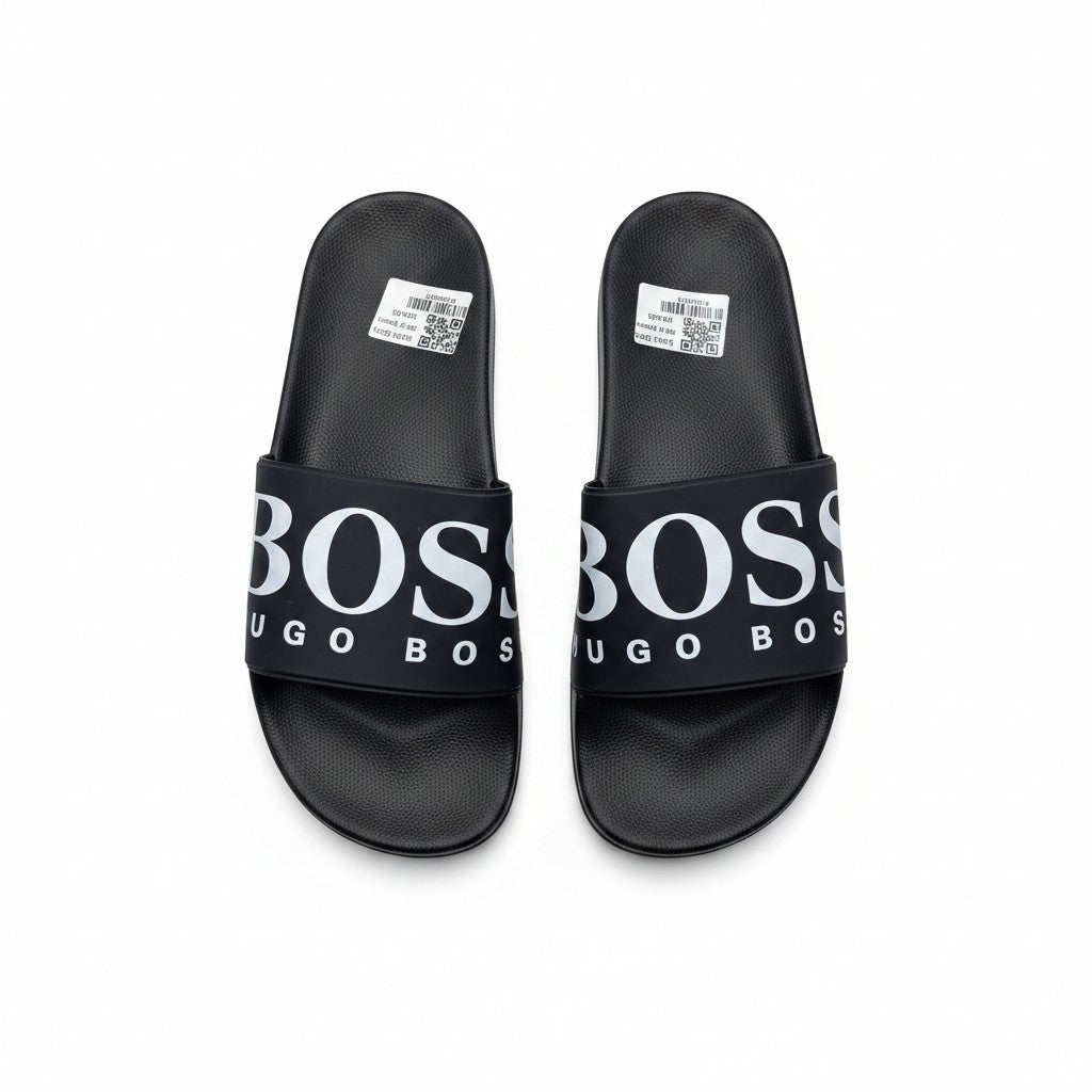 BOSS Italian-Made Slides With Large Logo Detail - Black