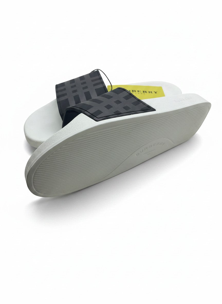 Burberry White Slide Slippers With Black Check Strap