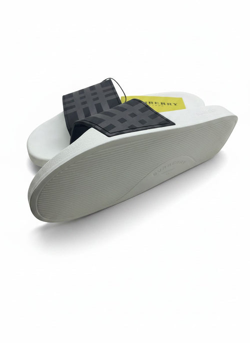 Burberry White Slide Slippers With Black Check Strap