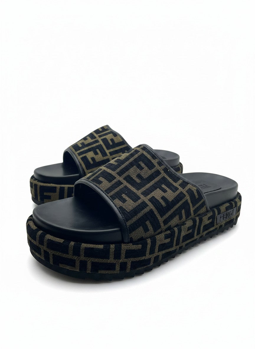 Fendi Style Black & Beige Platform Slide Slippers With Monogram Strap