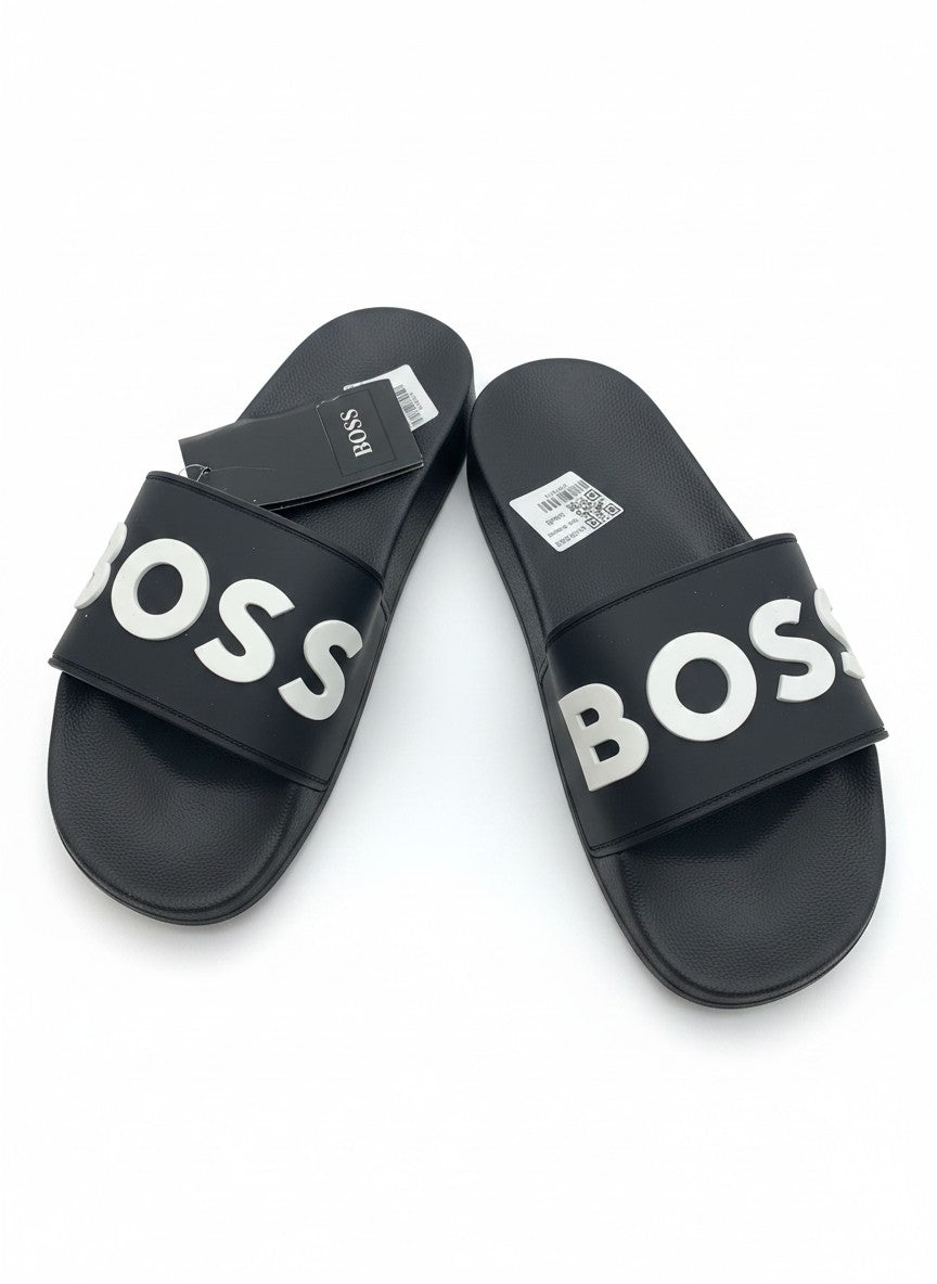 BOSS Black Slide Slippers With White Logo