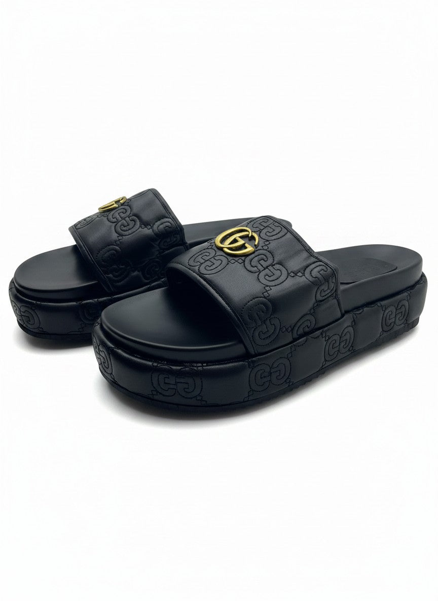 Gucci Style Black Platform Slide Slippers With Gold Logo