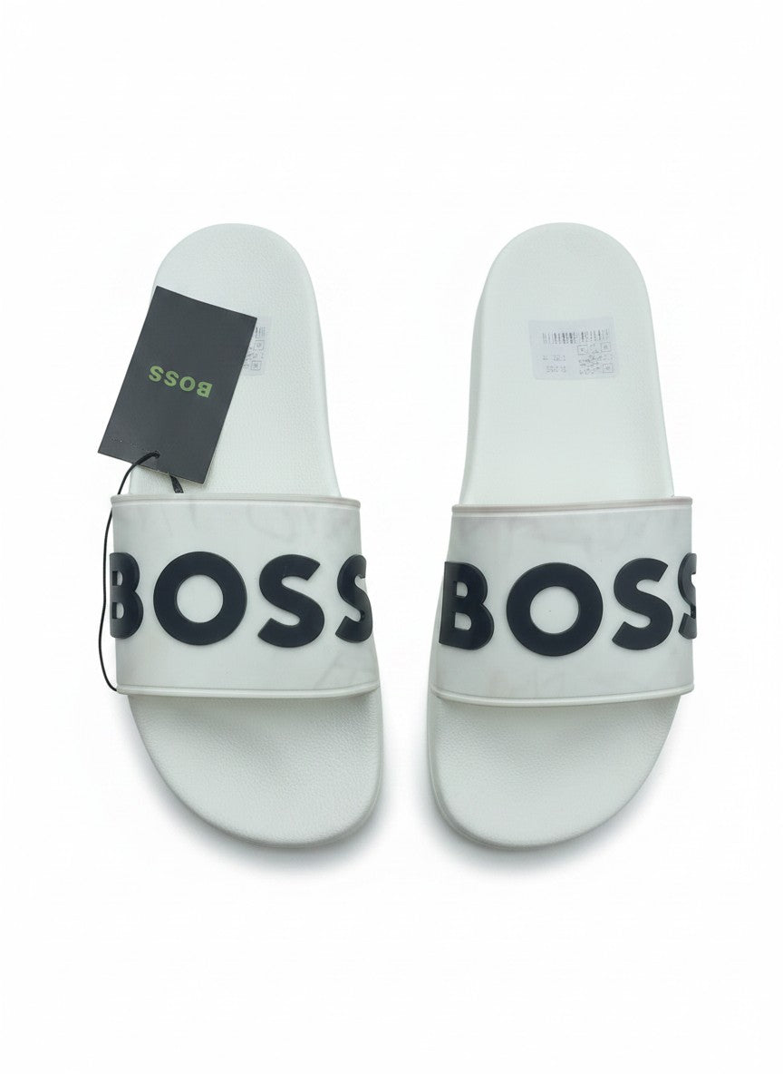 BOSS White Slide Slippers With Black Logo