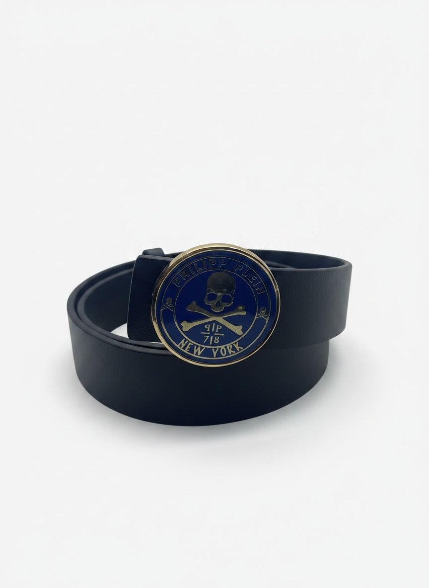Philipp Plein-Style Black Leather Belt With Round Skull Buckle - 120 cm