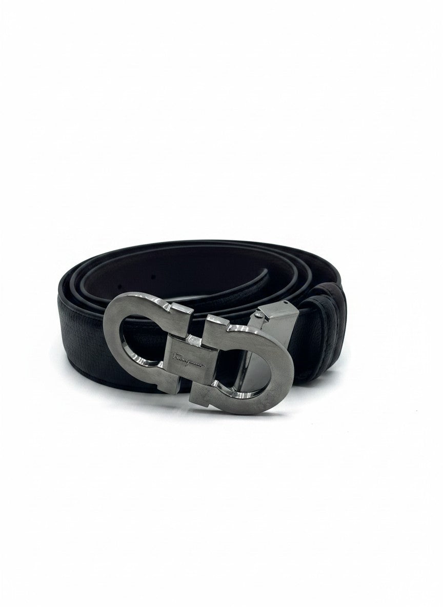 Salvatore Ferragamo-Style Black Leather Belt With Silver Gancini Buckle - 125 cm