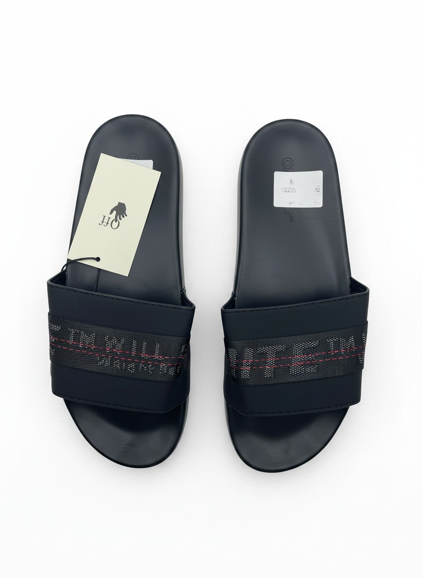 Off-White Style Black Slide Slippers With Patterned Logo Strap