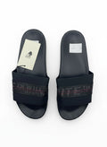Off-White Style Black Slide Slippers With Patterned Logo Strap
