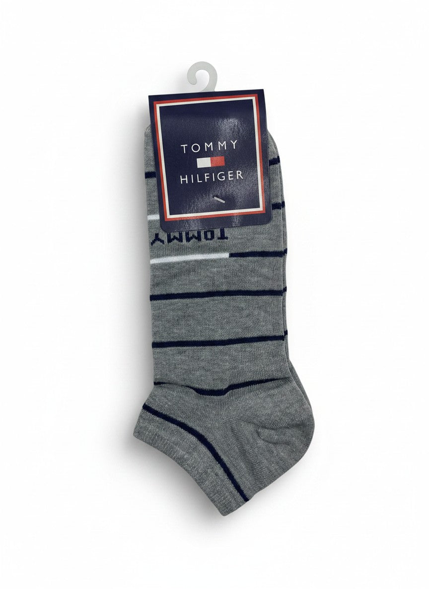 Tommy Hilfiger Grey Striped Ankle Socks With Logo Detail