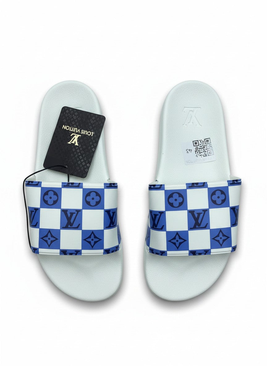 Louis Vuitton Style White & Blue Check Slide Slippers