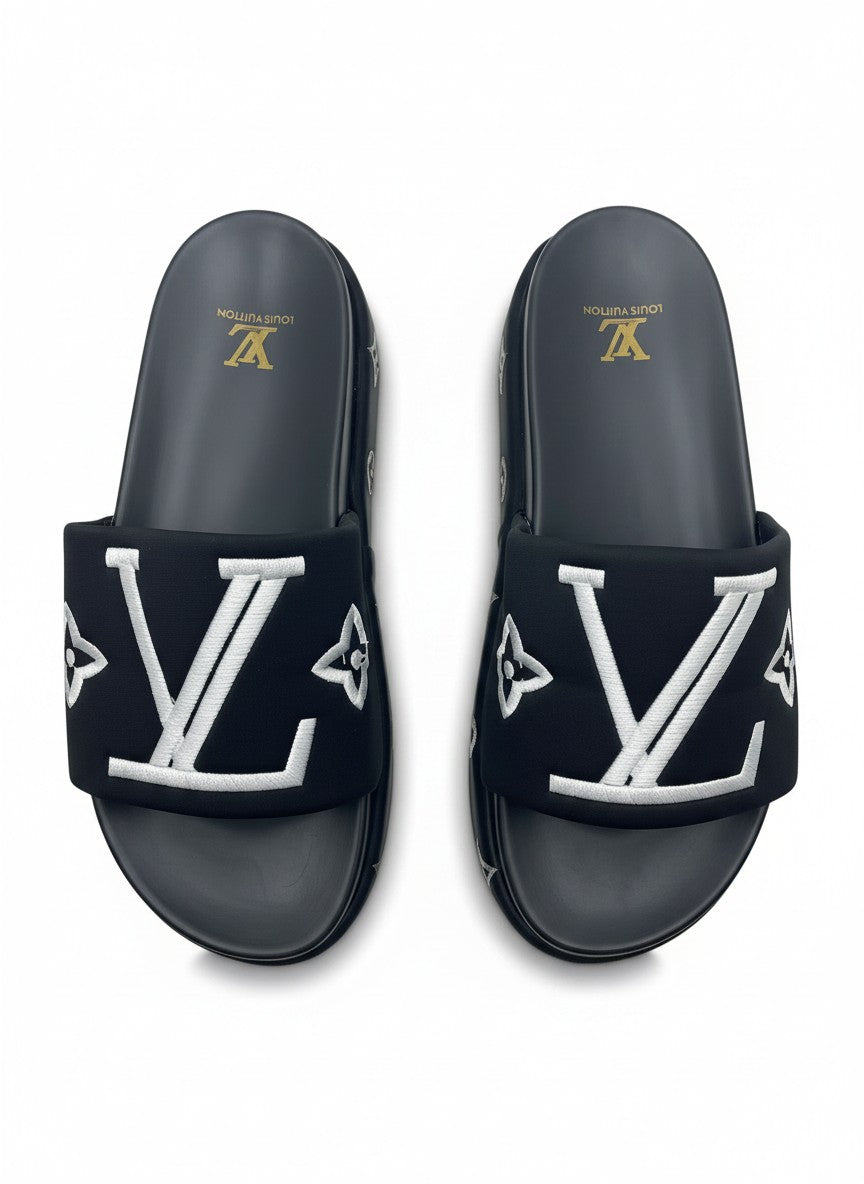 Louis Vuitton Style Black Platform Slide Slippers With White Embroidered Logo