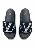 Louis Vuitton Style Black Platform Slide Slippers With White Embroidered Logo