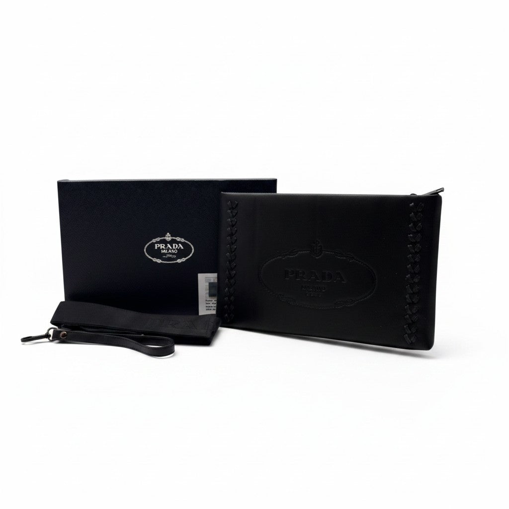 Prada Saffiano Leather Embossed Logo Strap Clutch - Black