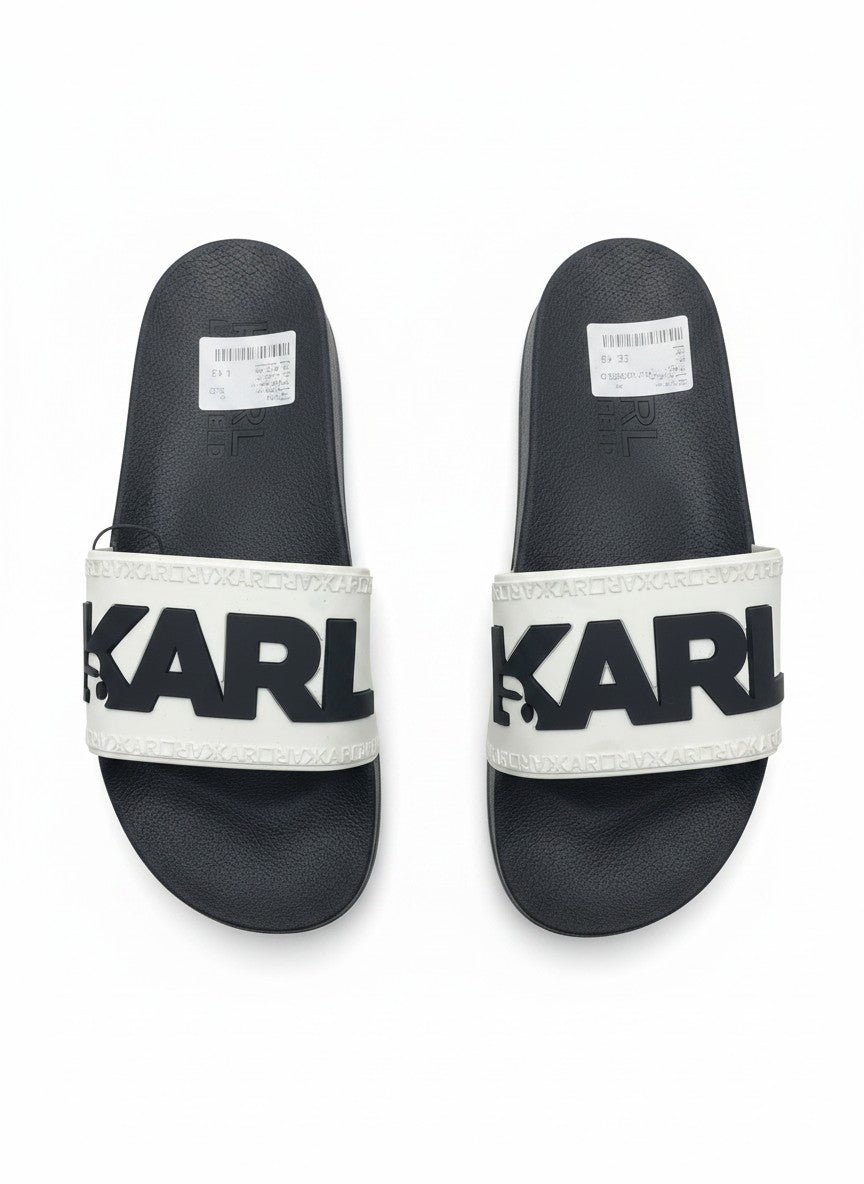 Karl Lagerfeld Black & White Slide Slippers With Logo Strap