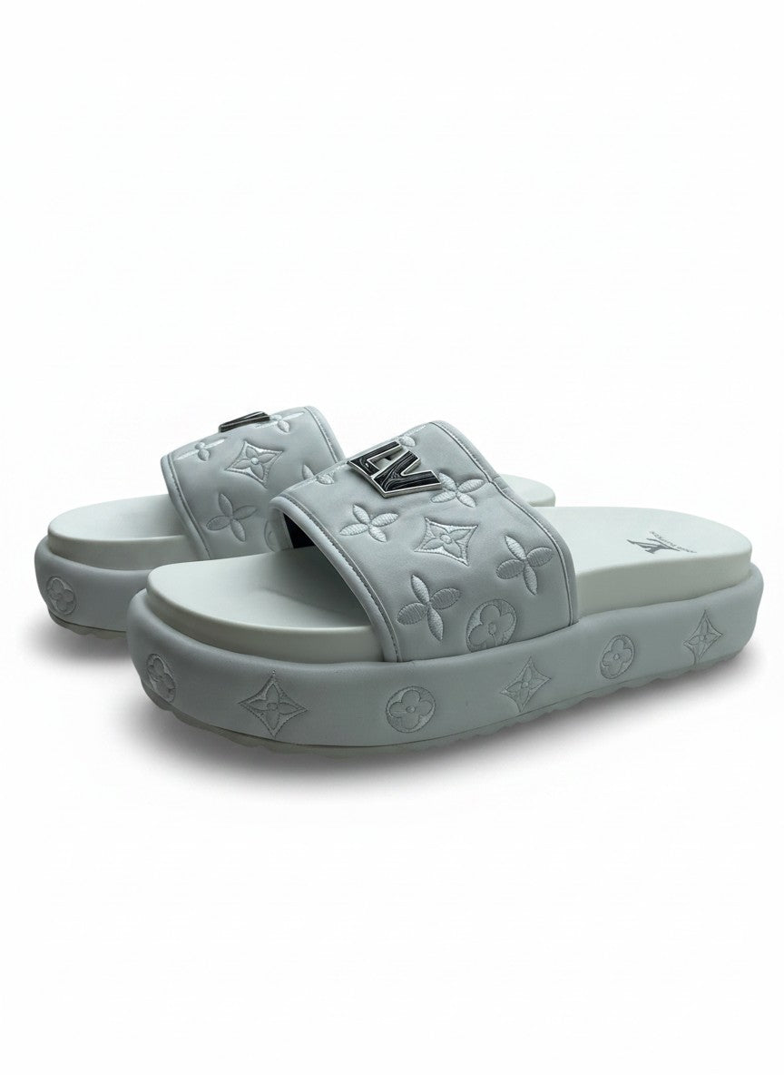 Louis Vuitton Style White Platform Slide Slippers With Embroidered Monogram Strap