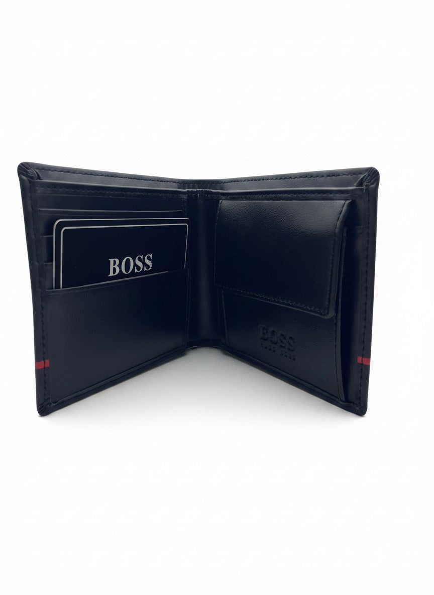 HUGO Black Bifold Wallet & Keychain Gift Set With Red Stripe Logo