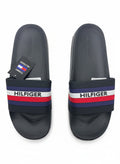 Tommy Hilfiger Style Black Slide Slippers With Red White & Blue Logo Strap