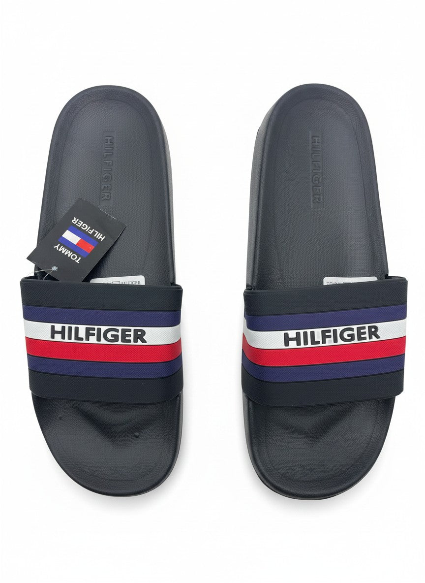 Tommy Hilfiger Style Black Slide Slippers With Red White & Blue Logo Strap