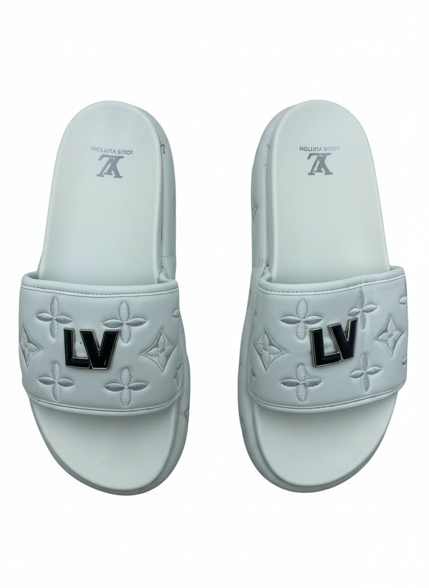 Louis Vuitton Style White Platform Slide Slippers With Embroidered Monogram Strap