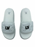 Louis Vuitton Style White Platform Slide Slippers With Embroidered Monogram Strap