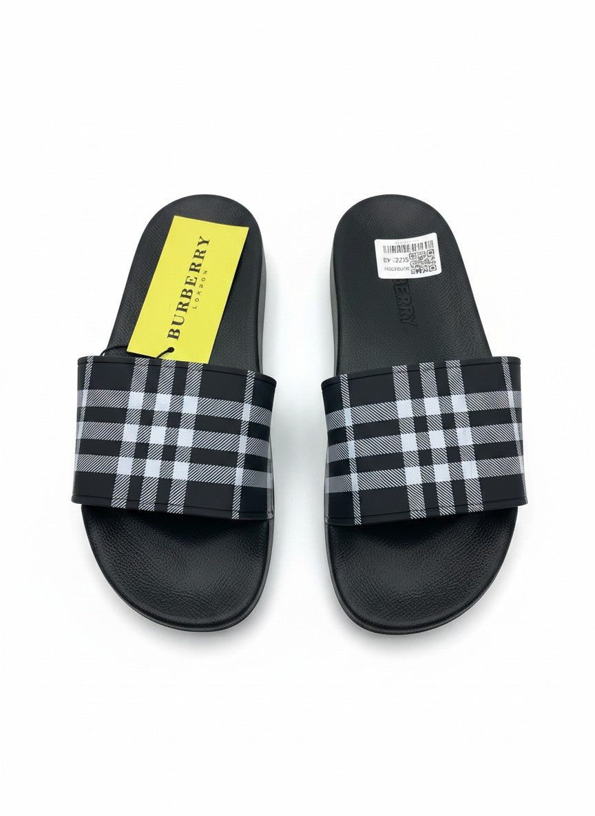 Burberry Black Slide Slippers With White Check Strap