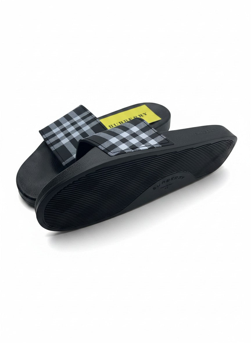 Burberry Black Slide Slippers With White Check Strap