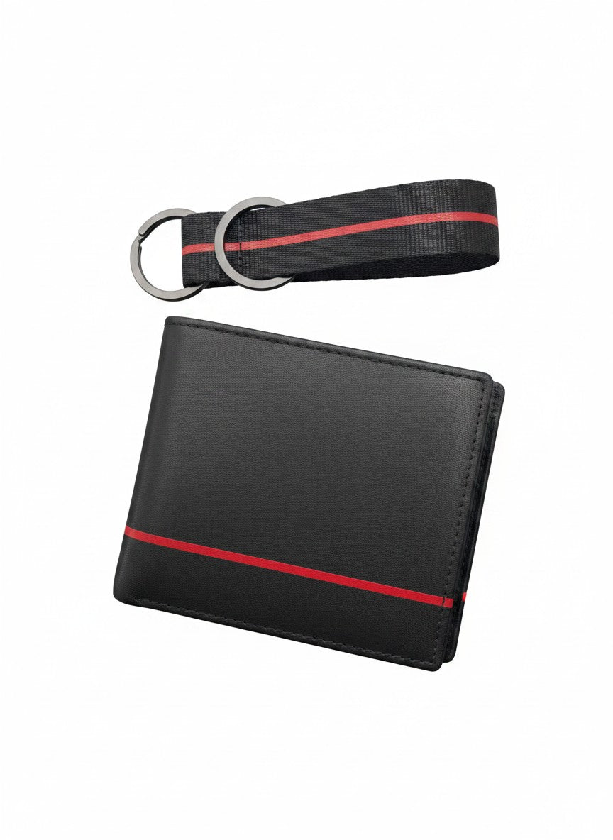 HUGO Black Bifold Wallet & Keychain Gift Set With Red Stripe Logo