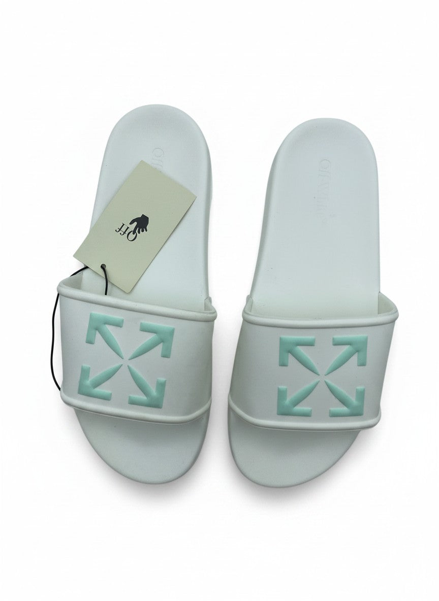 Off-White Style White Slide Slippers With Mint Arrow Logo