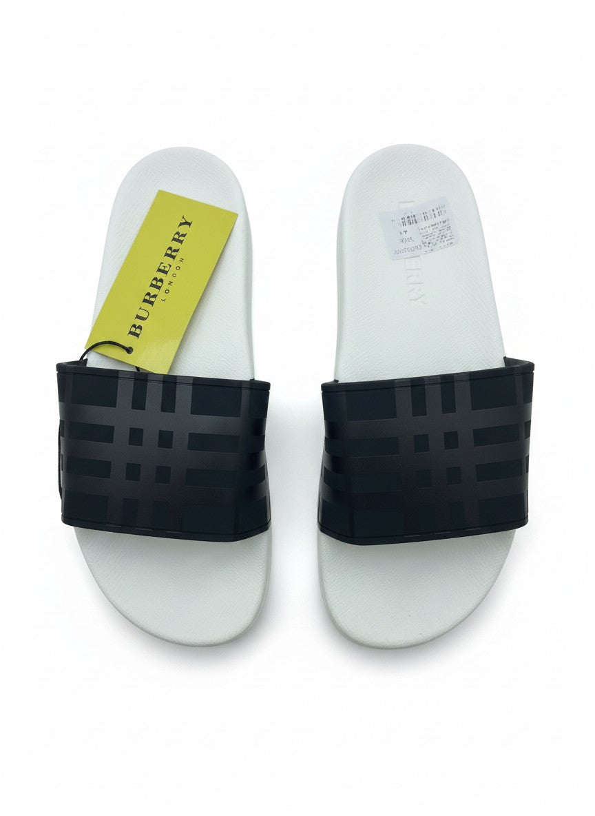 Burberry White Slide Slippers With Black Check Strap