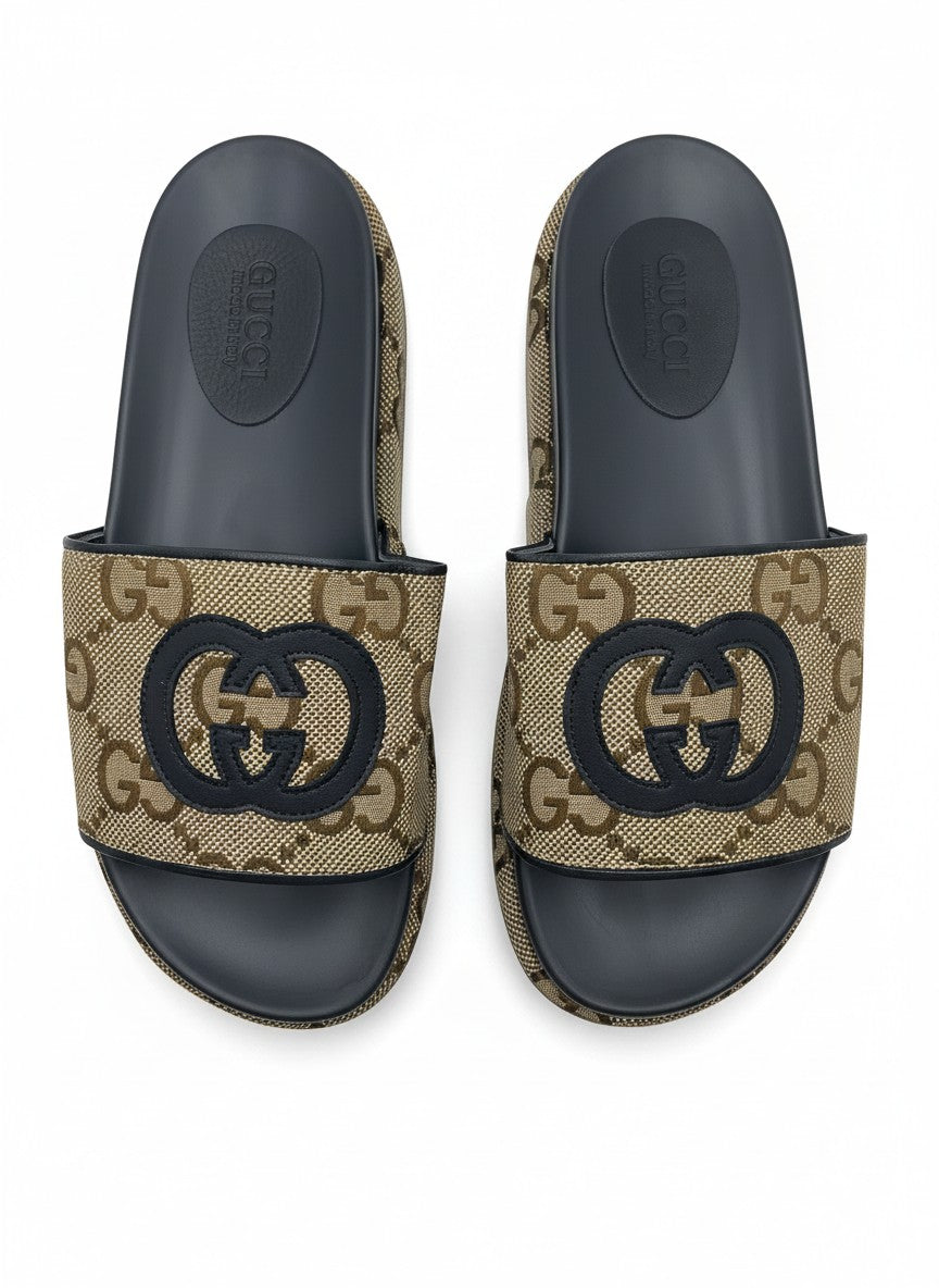 Gucci Style Beige Platform Slide Slippers With Monogram Strap