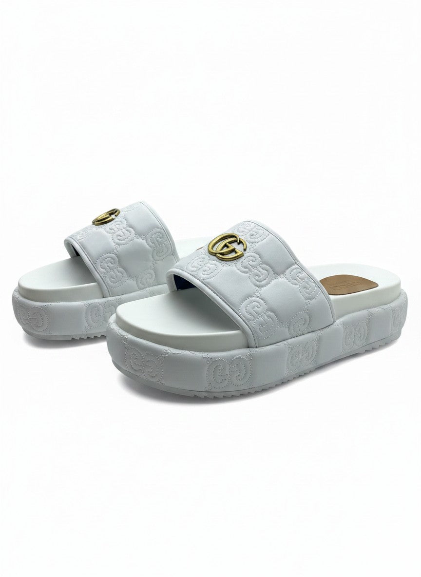 Gucci Style White Platform Slide Slippers With Gold Logo