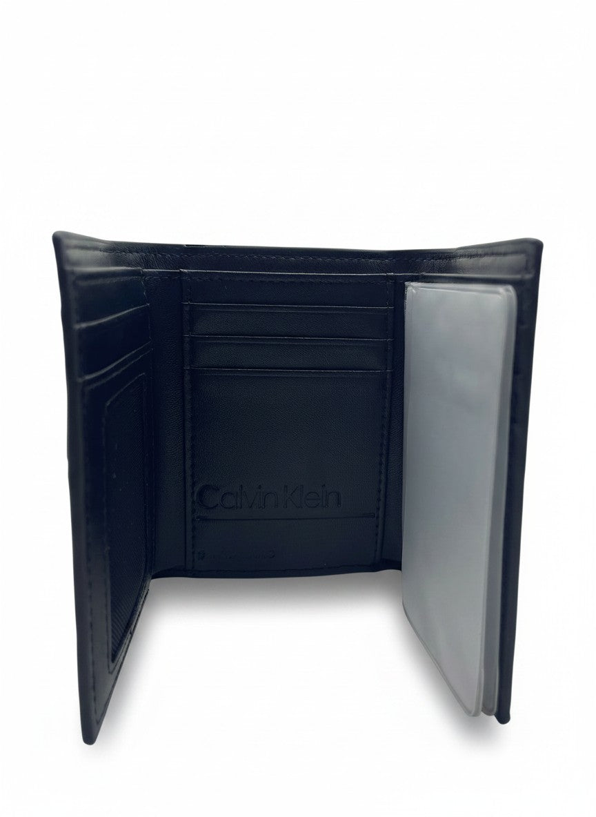 Calvin Klein Black Trifold Wallet With Embossed CK Logo Pattern